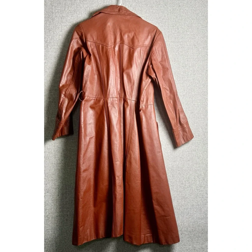 Vintage 70s Rust Brown Orange Leather Full Length Trench Coat Made Korea SMALL - Picture 4 of 16